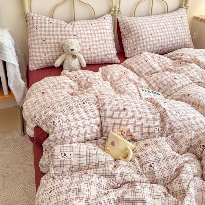 91家纺网 家纺一手货源 找家纺 梦舒阳家纺 新款泡芙棉双层纱四件套皱皱纱四季款泡芙纱四件套现货充足 苹果狗