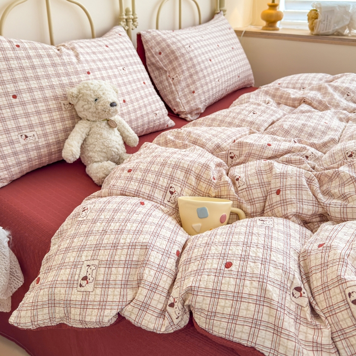 91家纺网 家纺一手货源 找家纺 梦舒阳家纺 新款泡芙棉双层纱四件套皱皱纱四季款泡芙纱四件套现货充足 苹果狗