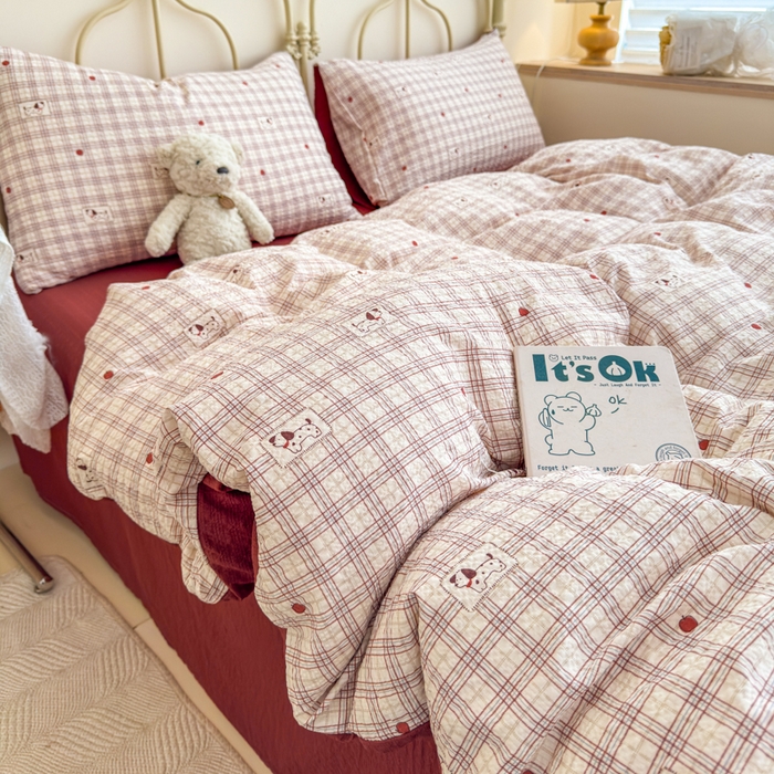 91家纺网 家纺一手货源 找家纺 梦舒阳家纺 新款泡芙棉双层纱四件套皱皱纱四季款泡芙纱四件套现货充足 苹果狗