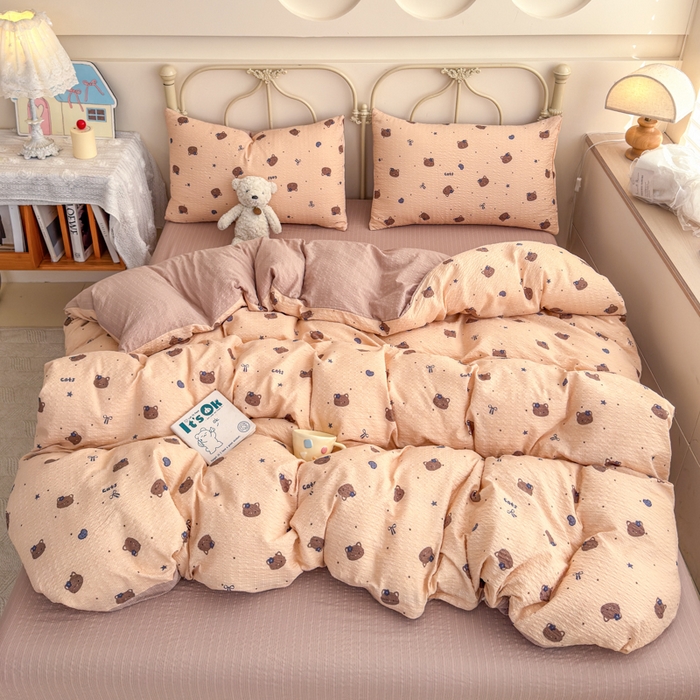 91家纺网 家纺一手货源 找家纺 梦舒阳家纺 新款泡芙棉双层纱四件套皱皱纱四季款泡芙纱四件套现货充足 曲奇猫