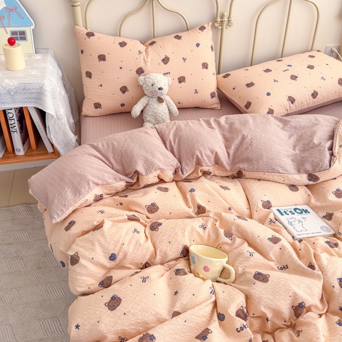 91家纺网 家纺一手货源 找家纺 梦舒阳家纺 新款泡芙棉双层纱四件套皱皱纱四季款泡芙纱四件套现货充足 曲奇猫