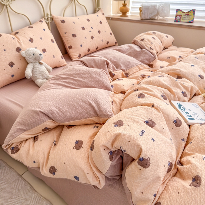 91家纺网 家纺一手货源 找家纺 梦舒阳家纺 新款泡芙棉双层纱四件套皱皱纱四季款泡芙纱四件套现货充足 曲奇猫