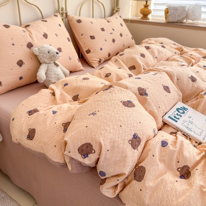 91家纺网 家纺一手货源 找家纺 梦舒阳家纺 新款泡芙棉双层纱四件套皱皱纱四季款泡芙纱四件套现货充足 曲奇猫