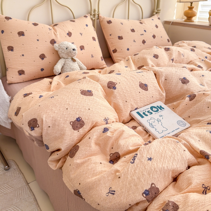 91家纺网 家纺一手货源 找家纺 梦舒阳家纺 新款泡芙棉双层纱四件套皱皱纱四季款泡芙纱四件套现货充足 曲奇猫