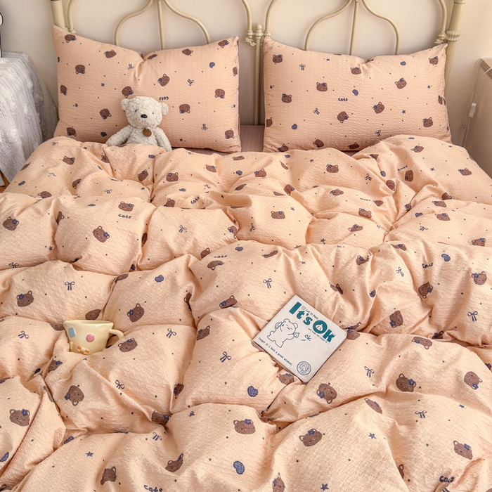 91家纺网 家纺一手货源 找家纺 梦舒阳家纺 新款泡芙棉双层纱四件套皱皱纱四季款泡芙纱四件套现货充足 曲奇猫