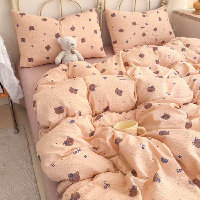 91家纺网 家纺一手货源 找家纺 梦舒阳家纺 新款泡芙棉双层纱四件套皱皱纱四季款泡芙纱四件套现货充足 曲奇猫