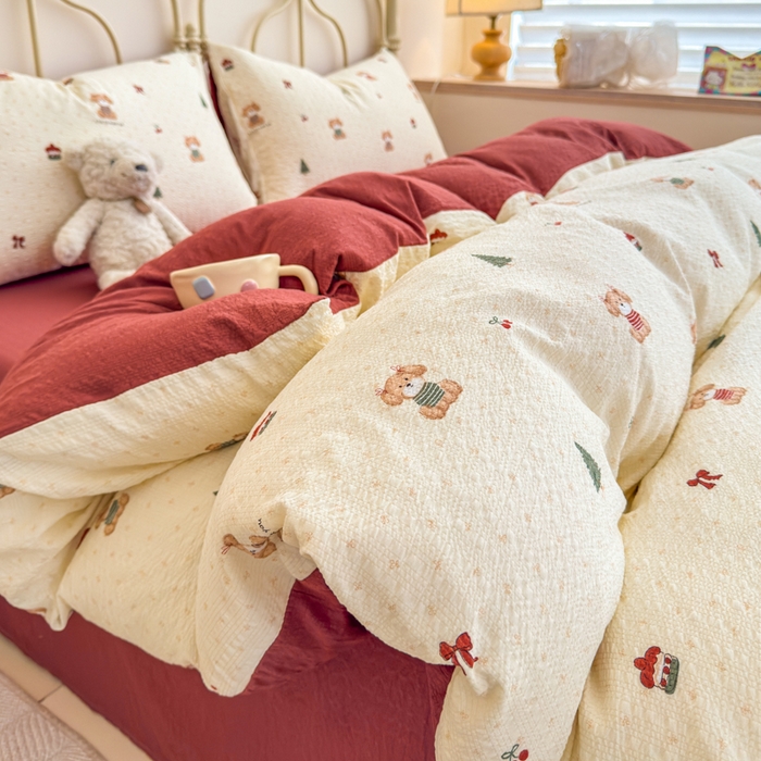 梦舒阳家纺 新款泡芙棉双层纱四件套皱皱纱四季款泡芙纱四件套现货充足 圣诞狗