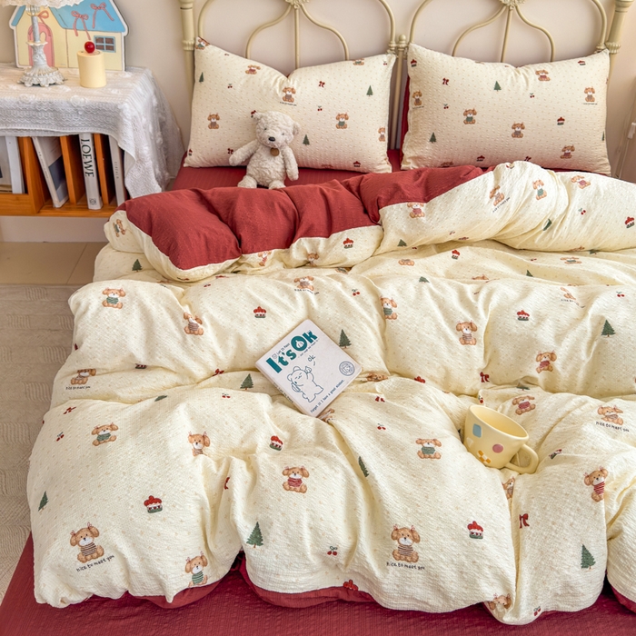 91家纺网 家纺一手货源 找家纺 梦舒阳家纺 新款泡芙棉双层纱四件套皱皱纱四季款泡芙纱四件套现货充足 圣诞狗