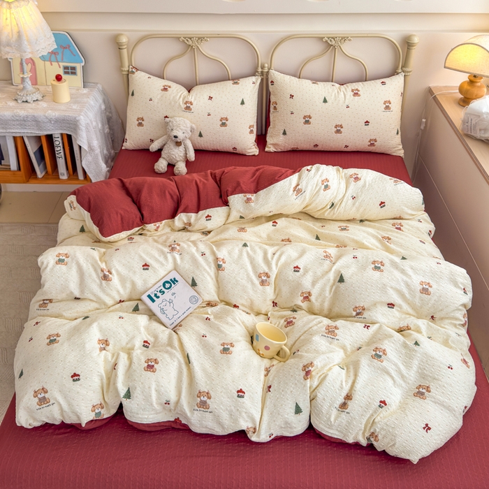 91家纺网 家纺一手货源 找家纺 梦舒阳家纺 新款泡芙棉双层纱四件套皱皱纱四季款泡芙纱四件套现货充足 圣诞狗