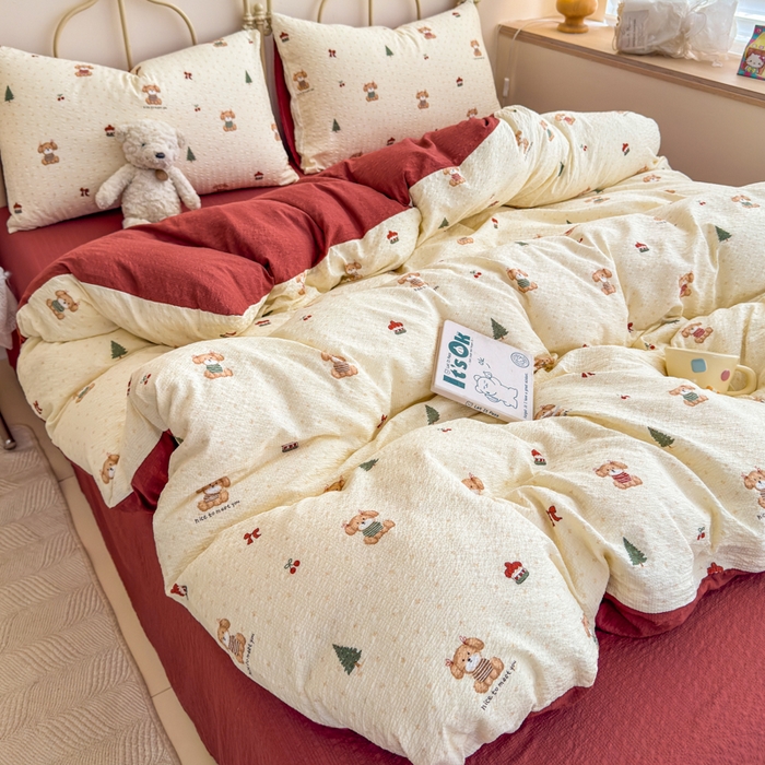 91家纺网 家纺一手货源 找家纺 梦舒阳家纺 新款泡芙棉双层纱四件套皱皱纱四季款泡芙纱四件套现货充足 圣诞狗