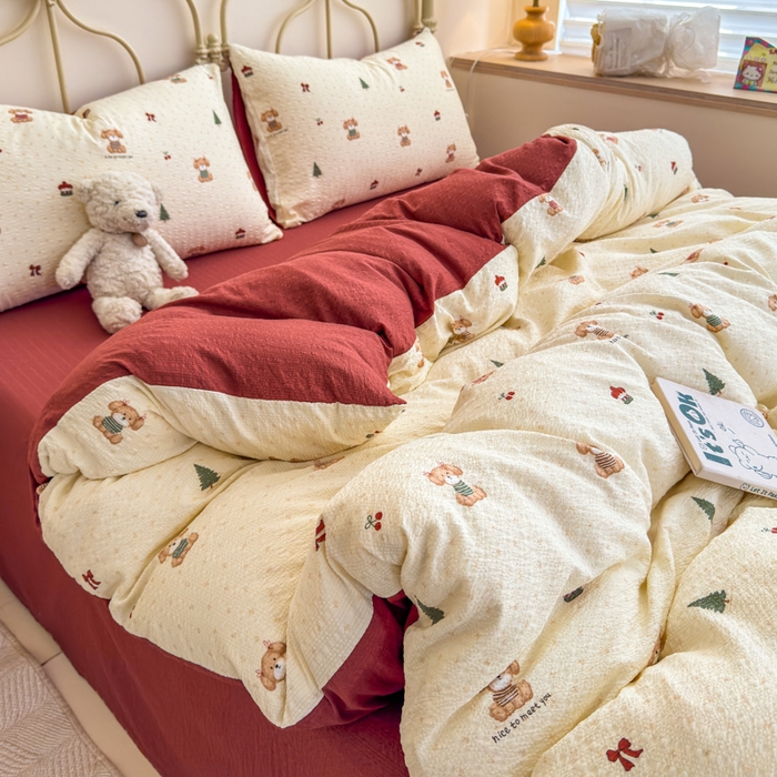 91家纺网 家纺一手货源 找家纺 梦舒阳家纺 新款泡芙棉双层纱四件套皱皱纱四季款泡芙纱四件套现货充足 圣诞狗