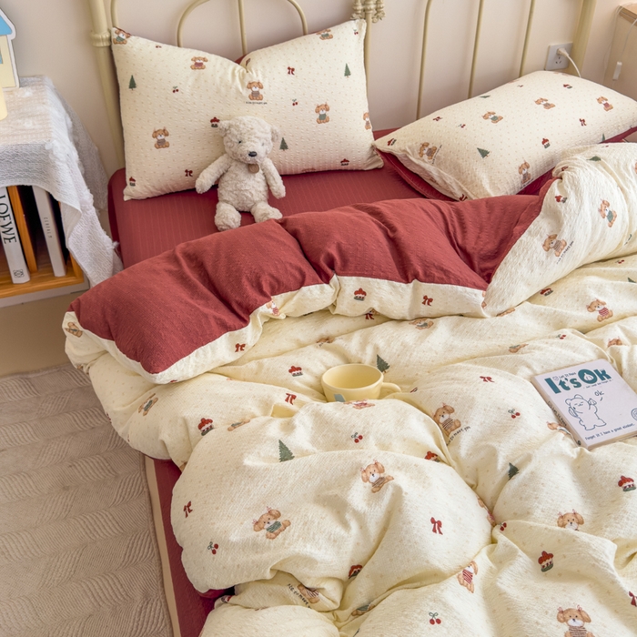 91家纺网 家纺一手货源 找家纺 梦舒阳家纺 新款泡芙棉双层纱四件套皱皱纱四季款泡芙纱四件套现货充足 圣诞狗