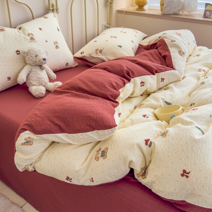 91家纺网 家纺一手货源 找家纺 梦舒阳家纺 新款泡芙棉双层纱四件套皱皱纱四季款泡芙纱四件套现货充足 圣诞狗