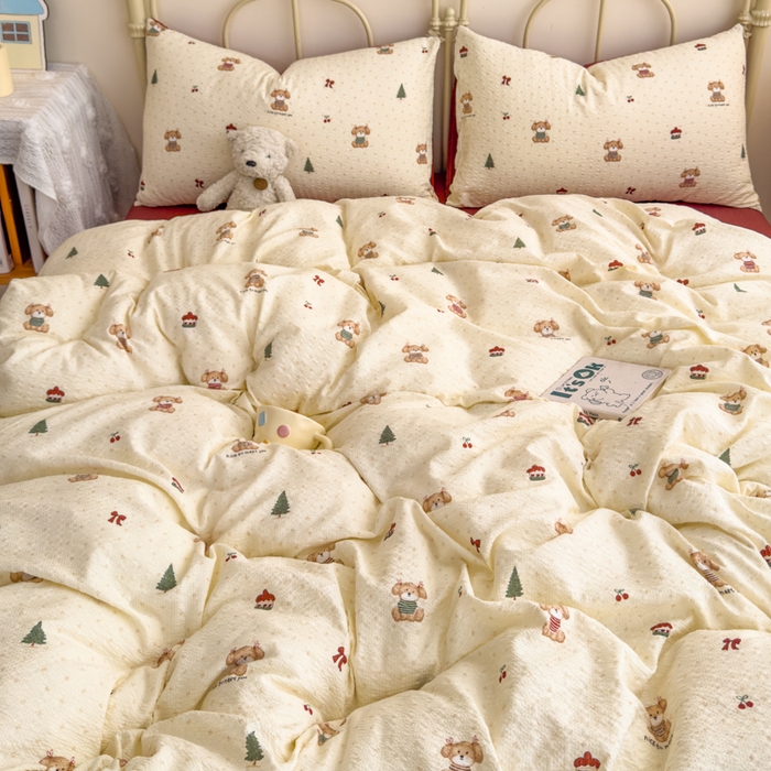 91家纺网 家纺一手货源 找家纺 梦舒阳家纺 新款泡芙棉双层纱四件套皱皱纱四季款泡芙纱四件套现货充足 圣诞狗