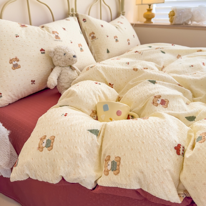 91家纺网 家纺一手货源 找家纺 梦舒阳家纺 新款泡芙棉双层纱四件套皱皱纱四季款泡芙纱四件套现货充足 圣诞狗