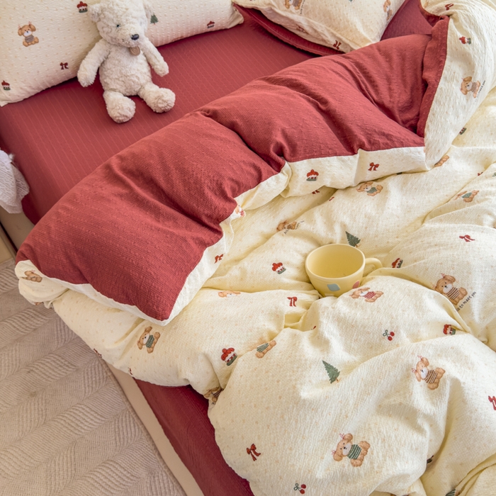 91家纺网 家纺一手货源 找家纺 梦舒阳家纺 新款泡芙棉双层纱四件套皱皱纱四季款泡芙纱四件套现货充足 圣诞狗