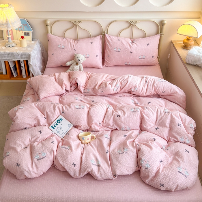 91家纺网 家纺一手货源 找家纺 梦舒阳家纺 新款泡芙棉双层纱四件套皱皱纱四季款泡芙纱四件套现货充足 施华洛粉