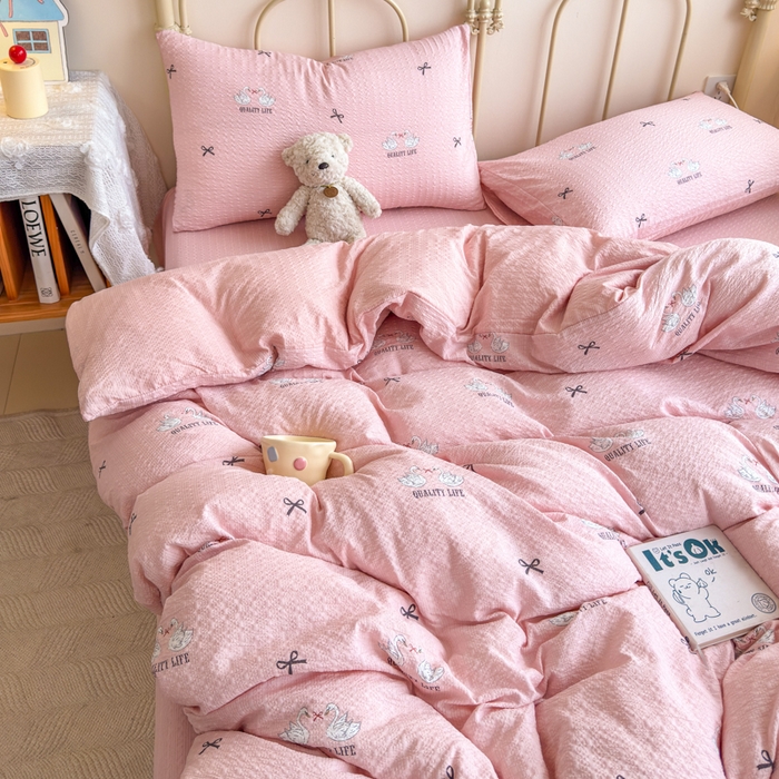 91家纺网 家纺一手货源 找家纺 梦舒阳家纺 新款泡芙棉双层纱四件套皱皱纱四季款泡芙纱四件套现货充足 施华洛粉