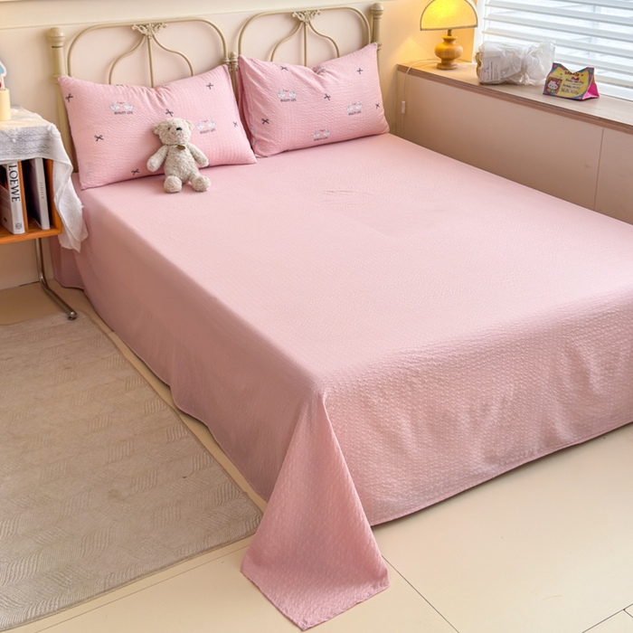 91家纺网 家纺一手货源 找家纺 梦舒阳家纺 新款泡芙棉双层纱四件套皱皱纱四季款泡芙纱四件套现货充足 施华洛粉