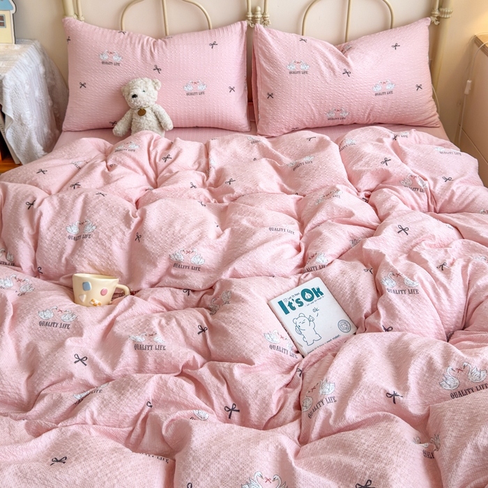 91家纺网 家纺一手货源 找家纺 梦舒阳家纺 新款泡芙棉双层纱四件套皱皱纱四季款泡芙纱四件套现货充足 施华洛粉