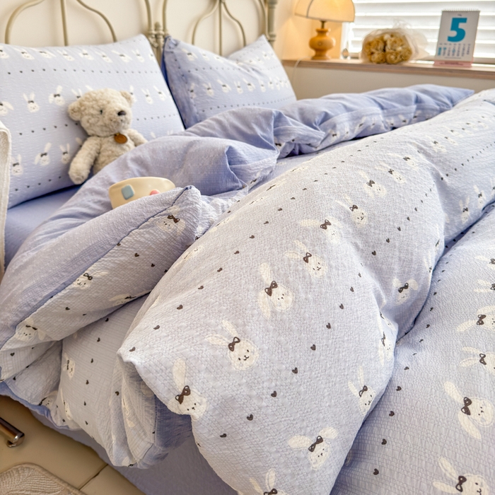 梦舒阳家纺 新款泡芙棉双层纱四件套皱皱纱四季款泡芙纱四件套现货充足 兔兔蓝
