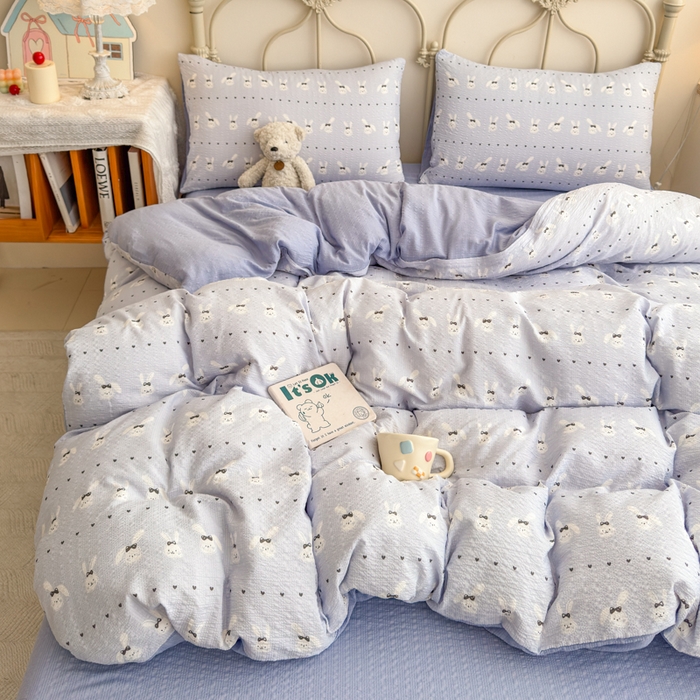 91家纺网 家纺一手货源 找家纺 梦舒阳家纺 新款泡芙棉双层纱四件套皱皱纱四季款泡芙纱四件套现货充足 兔兔蓝