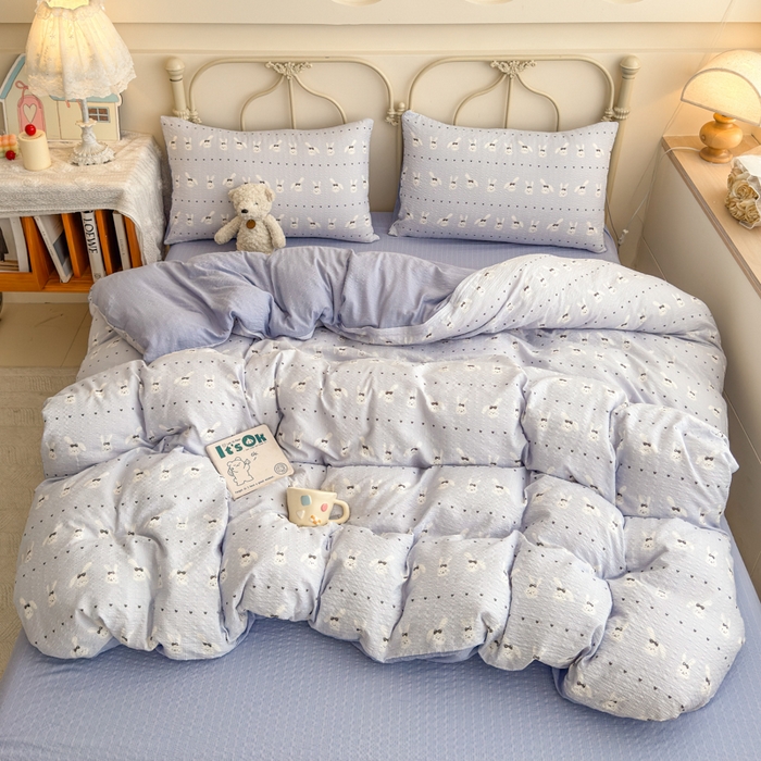 91家纺网 家纺一手货源 找家纺 梦舒阳家纺 新款泡芙棉双层纱四件套皱皱纱四季款泡芙纱四件套现货充足 兔兔蓝