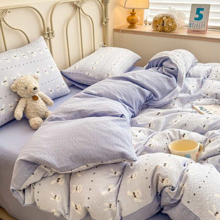 91家纺网 家纺一手货源 找家纺 梦舒阳家纺 新款泡芙棉双层纱四件套皱皱纱四季款泡芙纱四件套现货充足 兔兔蓝
