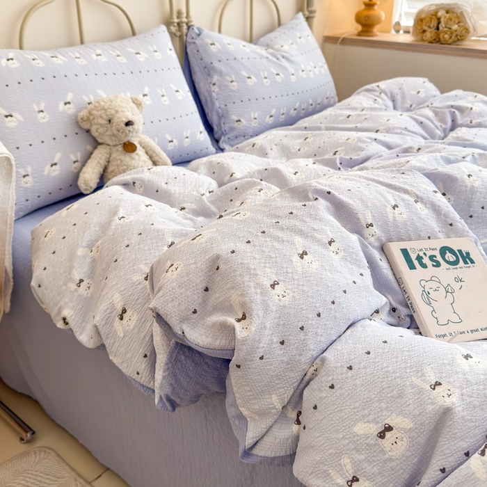 91家纺网 家纺一手货源 找家纺 梦舒阳家纺 新款泡芙棉双层纱四件套皱皱纱四季款泡芙纱四件套现货充足 兔兔蓝