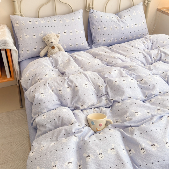 91家纺网 家纺一手货源 找家纺 梦舒阳家纺 新款泡芙棉双层纱四件套皱皱纱四季款泡芙纱四件套现货充足 兔兔蓝