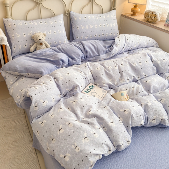 91家纺网 家纺一手货源 找家纺 梦舒阳家纺 新款泡芙棉双层纱四件套皱皱纱四季款泡芙纱四件套现货充足 兔兔蓝