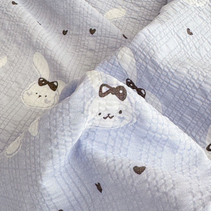 91家纺网 家纺一手货源 找家纺 梦舒阳家纺 新款泡芙棉双层纱四件套皱皱纱四季款泡芙纱四件套现货充足 兔兔蓝