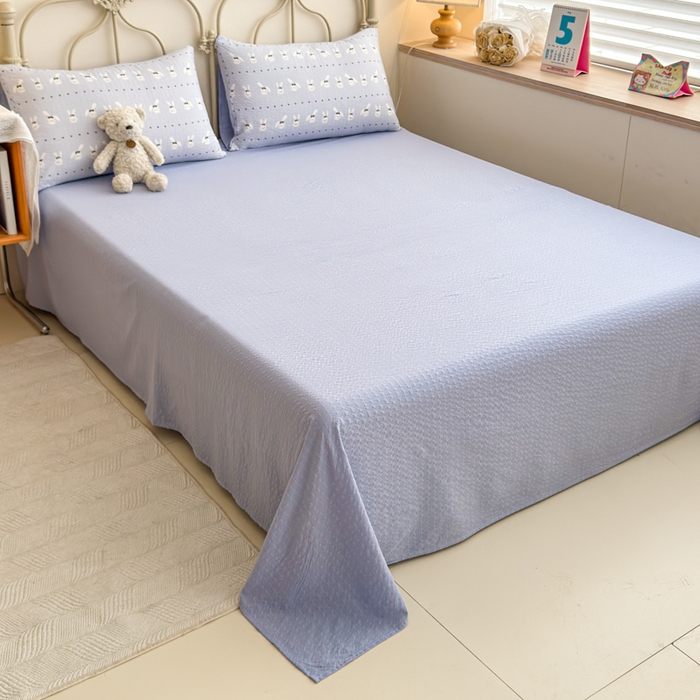 91家纺网 家纺一手货源 找家纺 梦舒阳家纺 新款泡芙棉双层纱四件套皱皱纱四季款泡芙纱四件套现货充足 兔兔蓝