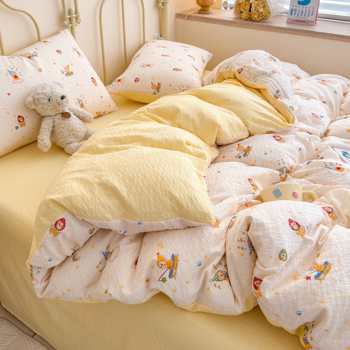 91家纺网 家纺一手货源 找家纺 梦舒阳家纺 新款泡芙棉双层纱四件套皱皱纱四季款泡芙纱四件套现货充足 星星人