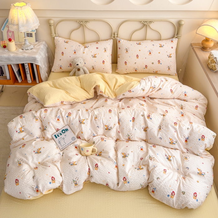 91家纺网 家纺一手货源 找家纺 梦舒阳家纺 新款泡芙棉双层纱四件套皱皱纱四季款泡芙纱四件套现货充足 星星人