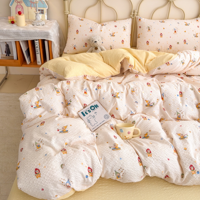 91家纺网 家纺一手货源 找家纺 梦舒阳家纺 新款泡芙棉双层纱四件套皱皱纱四季款泡芙纱四件套现货充足 星星人