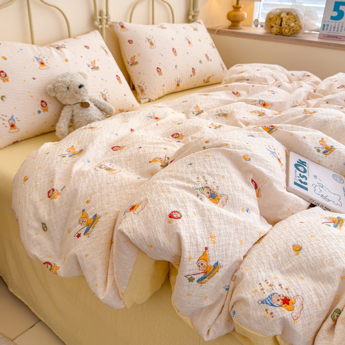 91家纺网 家纺一手货源 找家纺 梦舒阳家纺 新款泡芙棉双层纱四件套皱皱纱四季款泡芙纱四件套现货充足 星星人