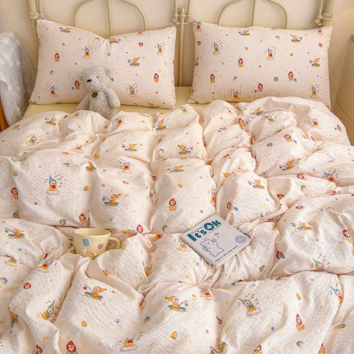 91家纺网 家纺一手货源 找家纺 梦舒阳家纺 新款泡芙棉双层纱四件套皱皱纱四季款泡芙纱四件套现货充足 星星人