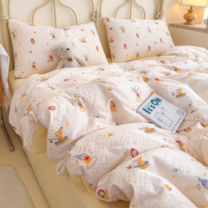 91家纺网 家纺一手货源 找家纺 梦舒阳家纺 新款泡芙棉双层纱四件套皱皱纱四季款泡芙纱四件套现货充足 星星人