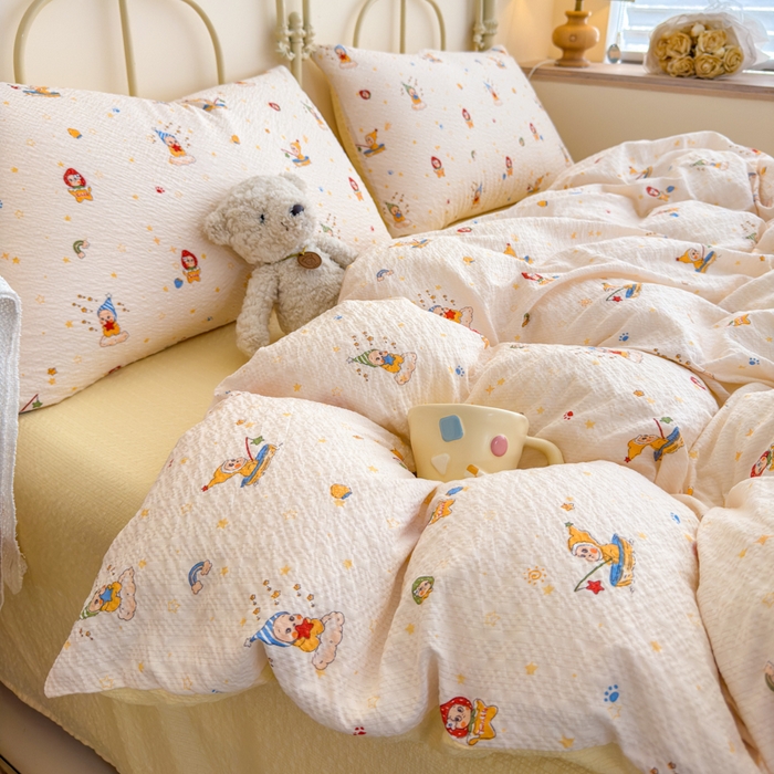 91家纺网 家纺一手货源 找家纺 梦舒阳家纺 新款泡芙棉双层纱四件套皱皱纱四季款泡芙纱四件套现货充足 星星人