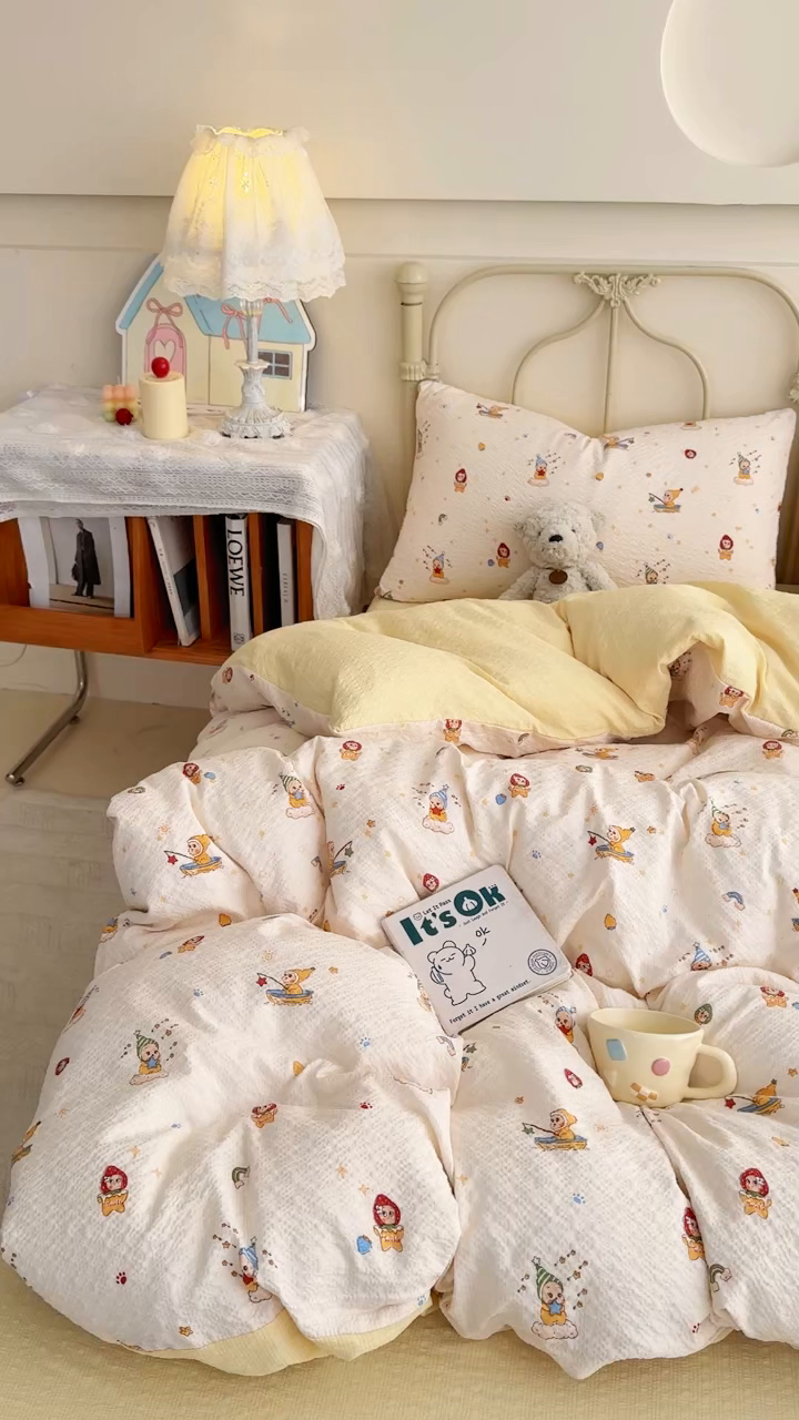 91家纺网 家纺一手货源 找家纺 梦舒阳家纺 新款泡芙棉双层纱四件套皱皱纱四季款泡芙纱四件套现货充足 星星人