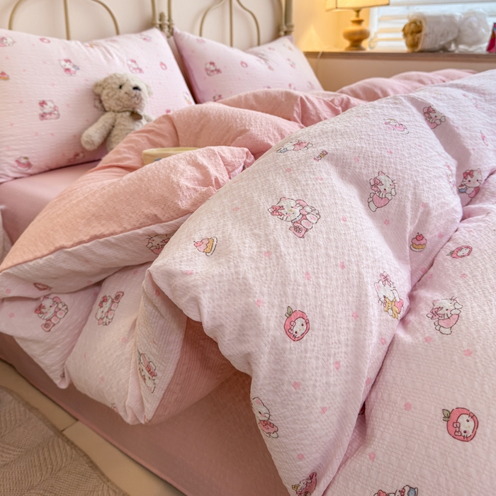 梦舒阳家纺 新款泡芙棉双层纱四件套皱皱纱四季款泡芙纱四件套现货充足 杏粉猫咪
