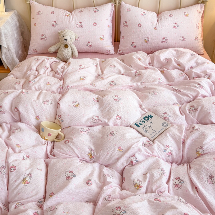 91家纺网 家纺一手货源 找家纺 梦舒阳家纺 新款泡芙棉双层纱四件套皱皱纱四季款泡芙纱四件套现货充足 杏粉猫咪