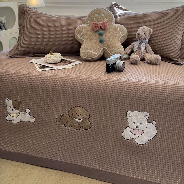 91家纺网 家纺一手货源 找家纺 莱家富 2026新款A类乙纶冰豆豆凉席冰丝席-华夫格绣花 躺躺岛-咖