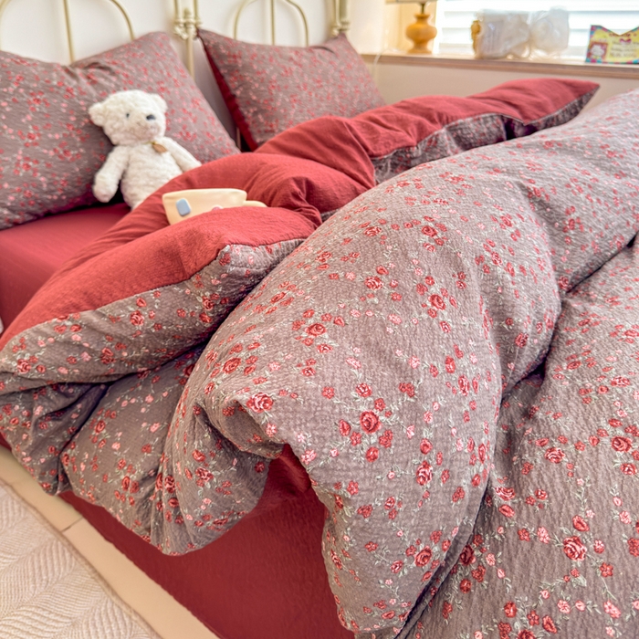 梦舒阳家纺 新款泡芙棉双层纱四件套皱皱纱四季款泡芙纱四件套现货充足 胭脂