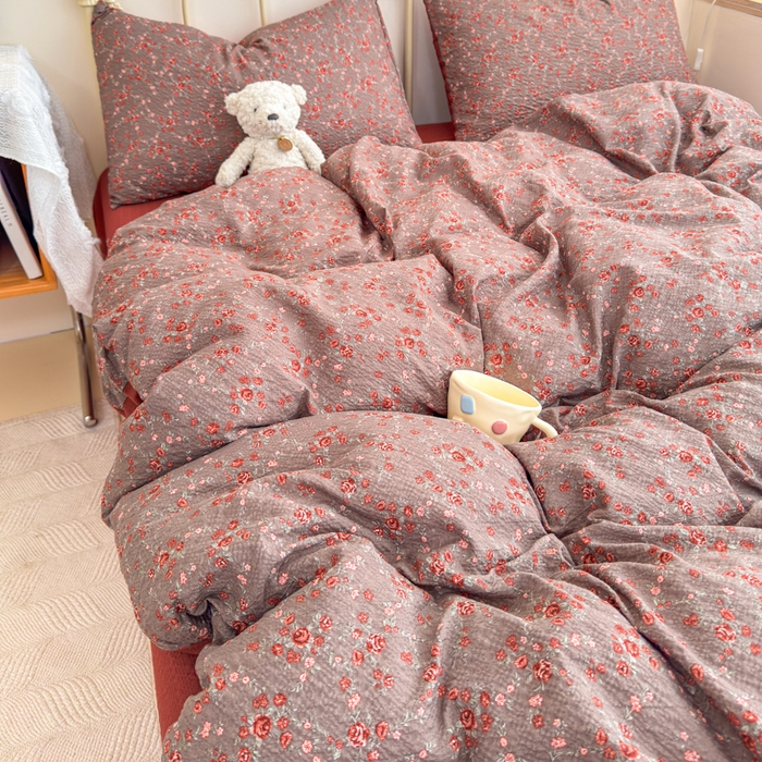 91家纺网 家纺一手货源 找家纺 梦舒阳家纺 新款泡芙棉双层纱四件套皱皱纱四季款泡芙纱四件套现货充足 胭脂