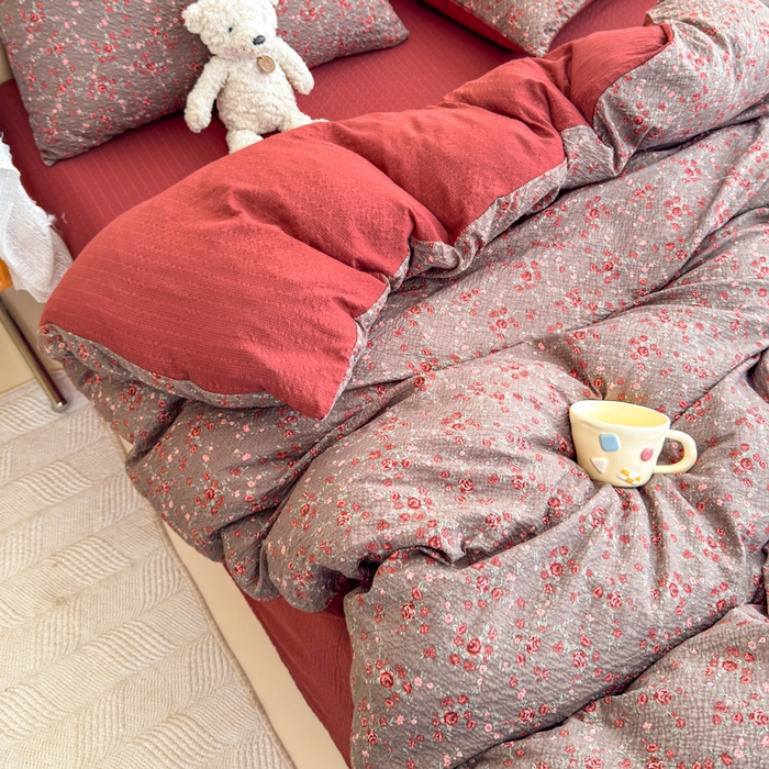 91家纺网 家纺一手货源 找家纺 梦舒阳家纺 新款泡芙棉双层纱四件套皱皱纱四季款泡芙纱四件套现货充足 胭脂