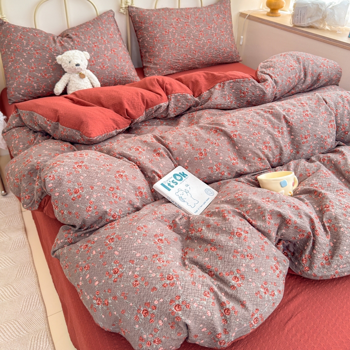 91家纺网 家纺一手货源 找家纺 梦舒阳家纺 新款泡芙棉双层纱四件套皱皱纱四季款泡芙纱四件套现货充足 胭脂