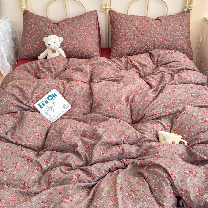 91家纺网 家纺一手货源 找家纺 梦舒阳家纺 新款泡芙棉双层纱四件套皱皱纱四季款泡芙纱四件套现货充足 胭脂