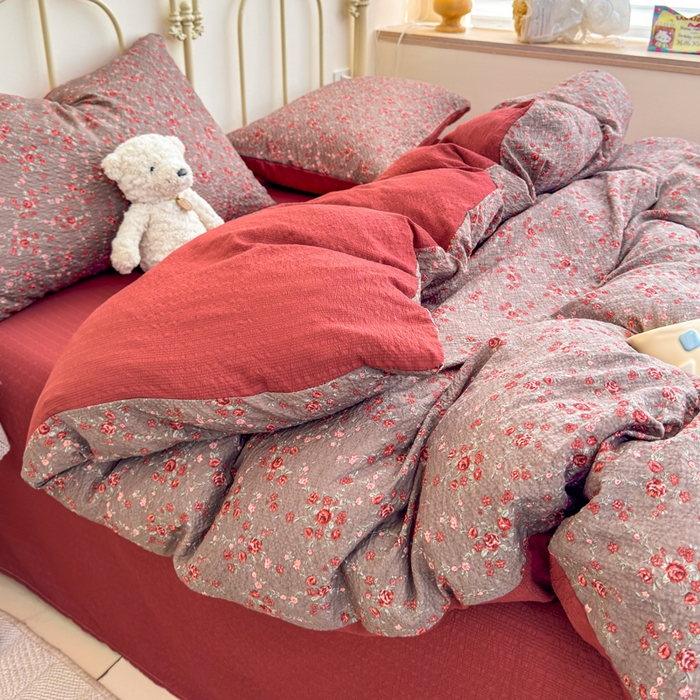 91家纺网 家纺一手货源 找家纺 梦舒阳家纺 新款泡芙棉双层纱四件套皱皱纱四季款泡芙纱四件套现货充足 胭脂